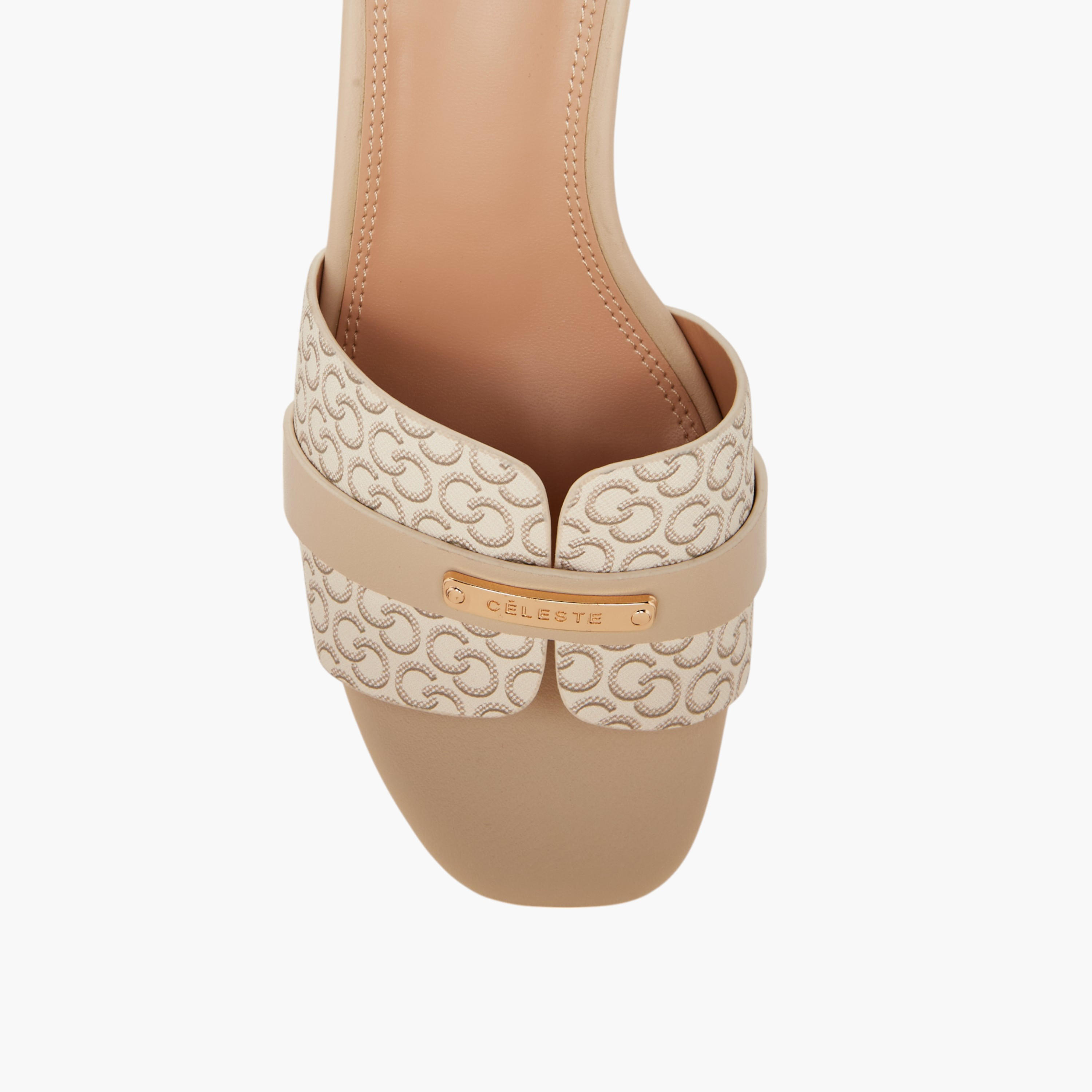 صندل سهل الارتداء بتفاصيل مونوجرام وكعب صغير للنساء من سيليست-women-shoes-sandals-heeled-image-4