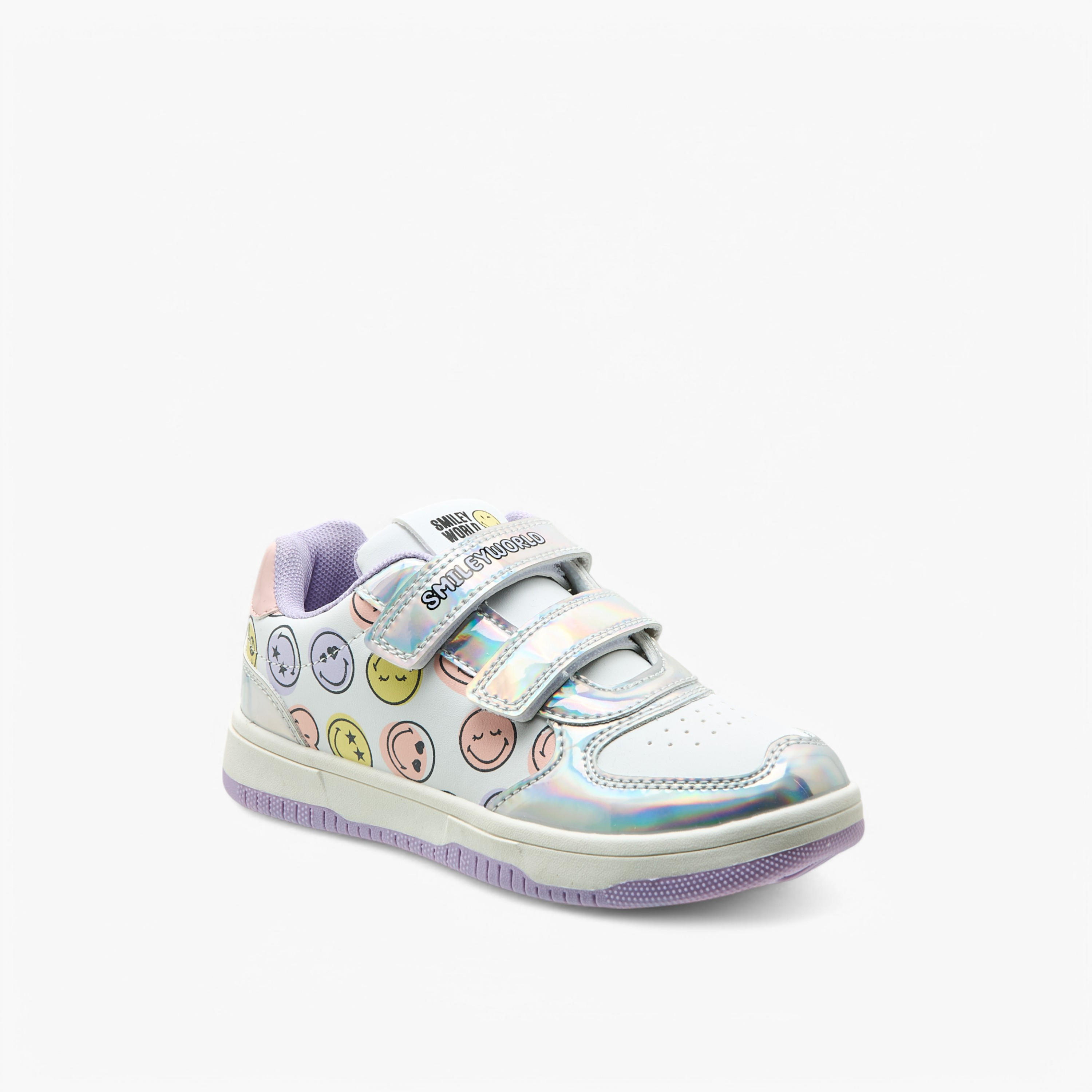 حذاء سنيكرز بشريط إغلاق لاصق وطبعات الشعار من سمايلي وورلد-girls-shoes-sneakers-image-2