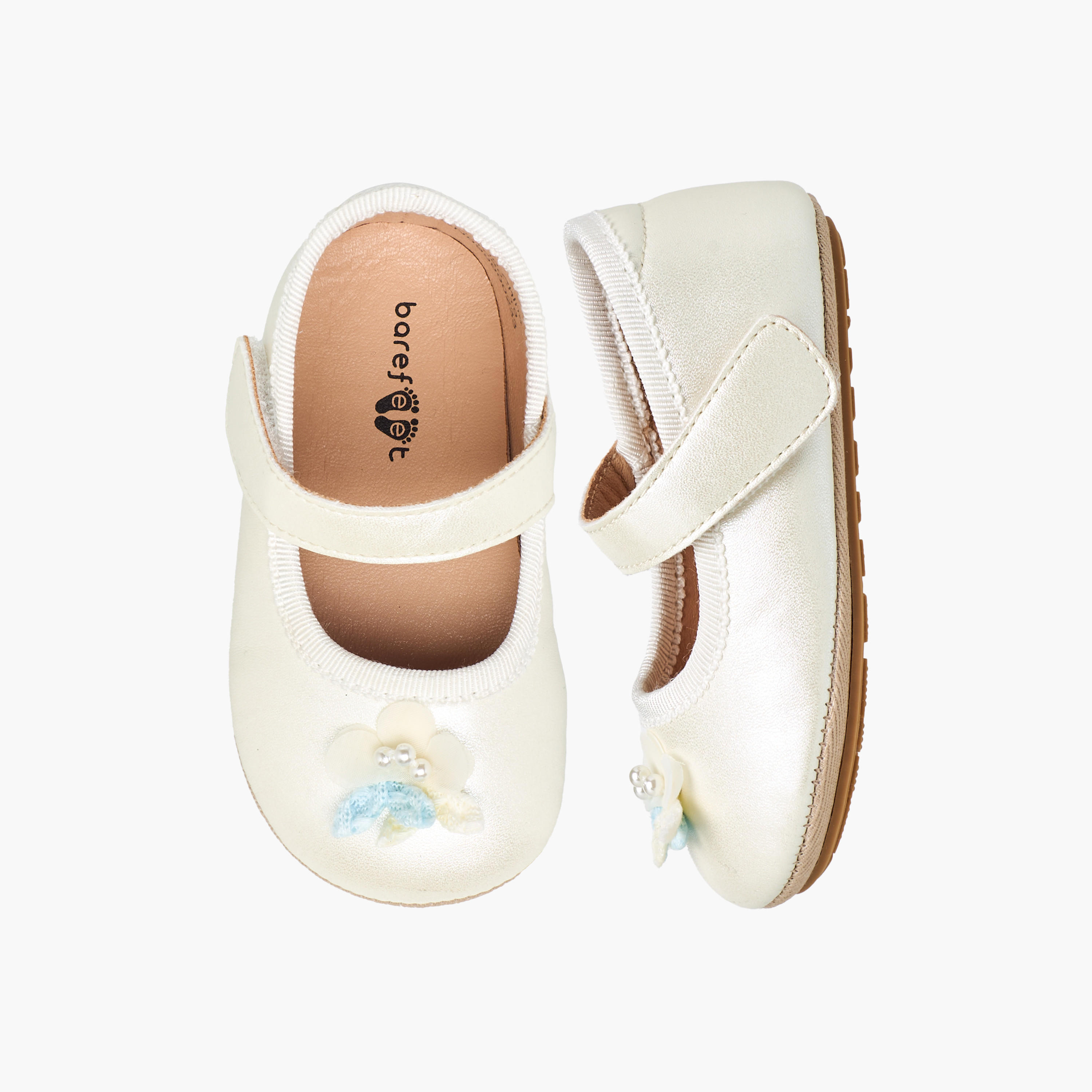 Barefeet Mary Jane Shoes with Hook & Loop Closure, Floral Accent-baby-girls-shoes-booties-image-1