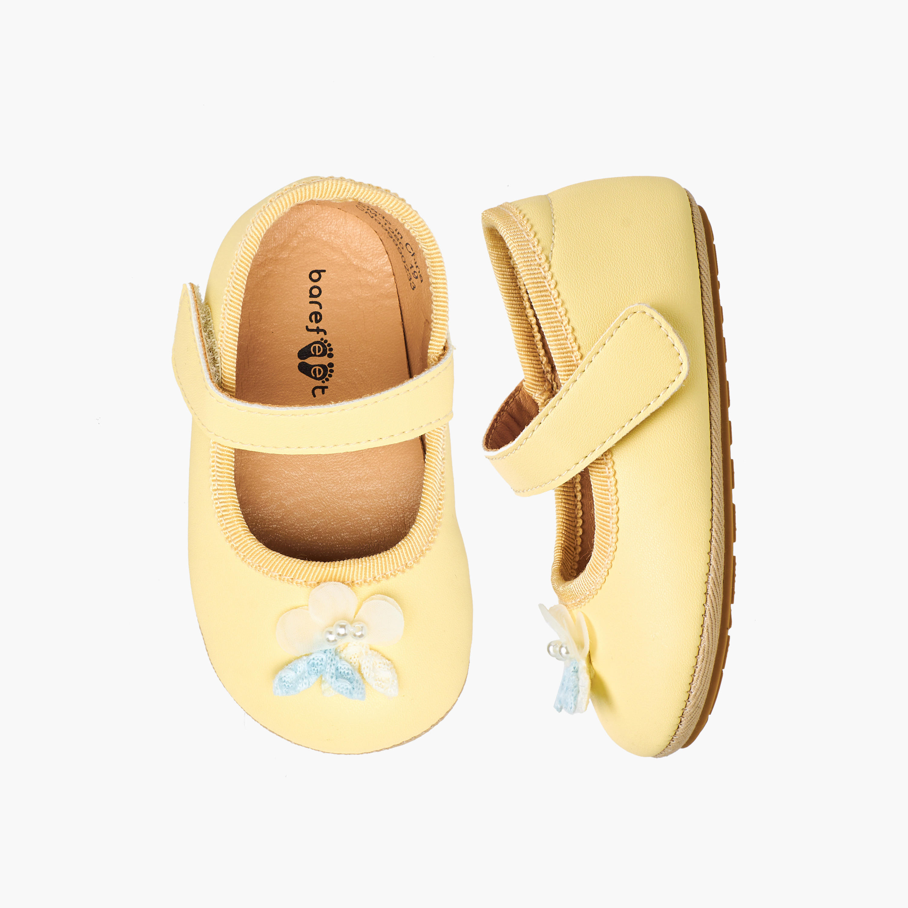 Barefeet Mary Jane Shoes with Hook & Loop Closure, Floral Accent-baby-girls-shoes-booties-image-1