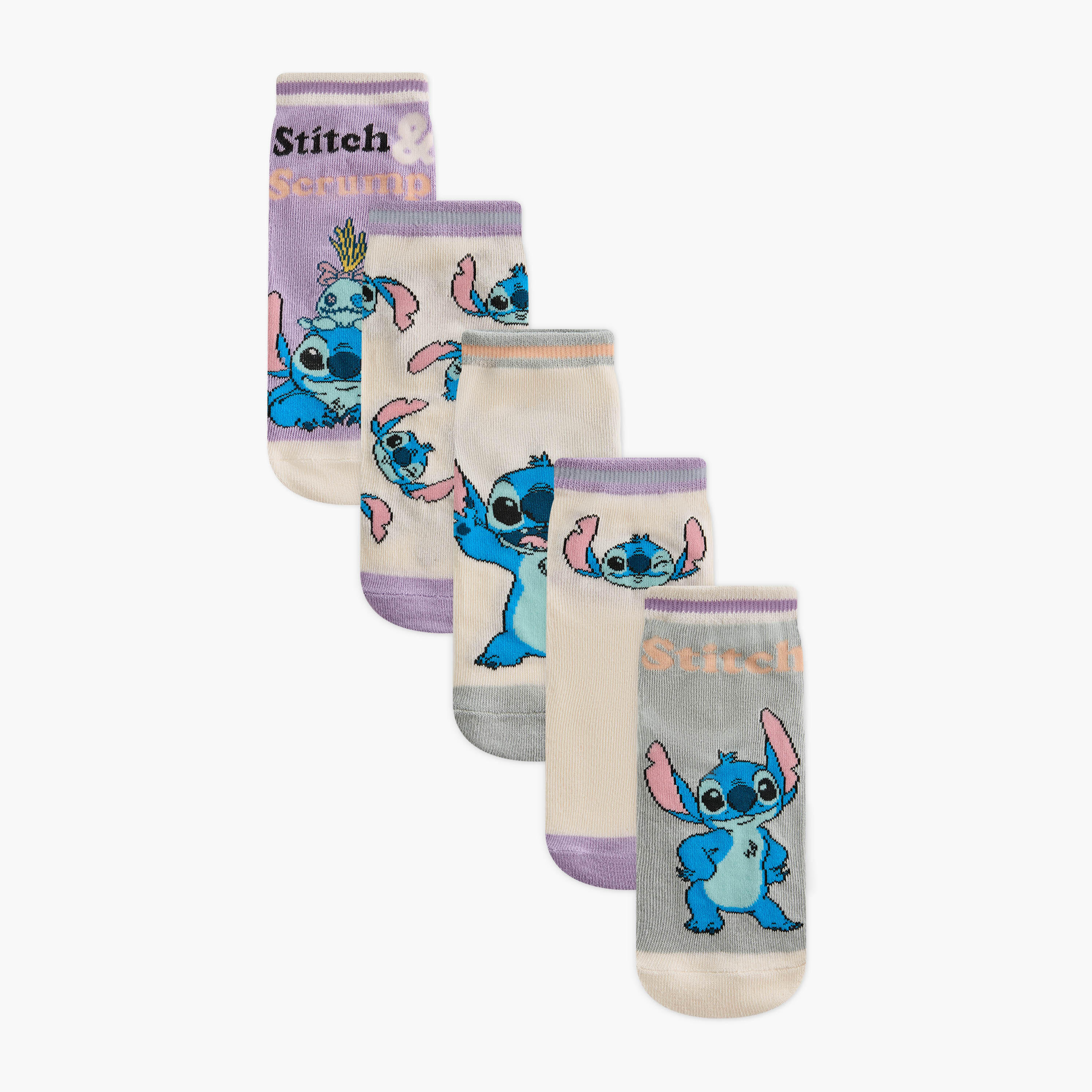 Disney Stitch Print Non Terry Ankle Length Socks - Set of 5-girls-accessories-socks-image-1
