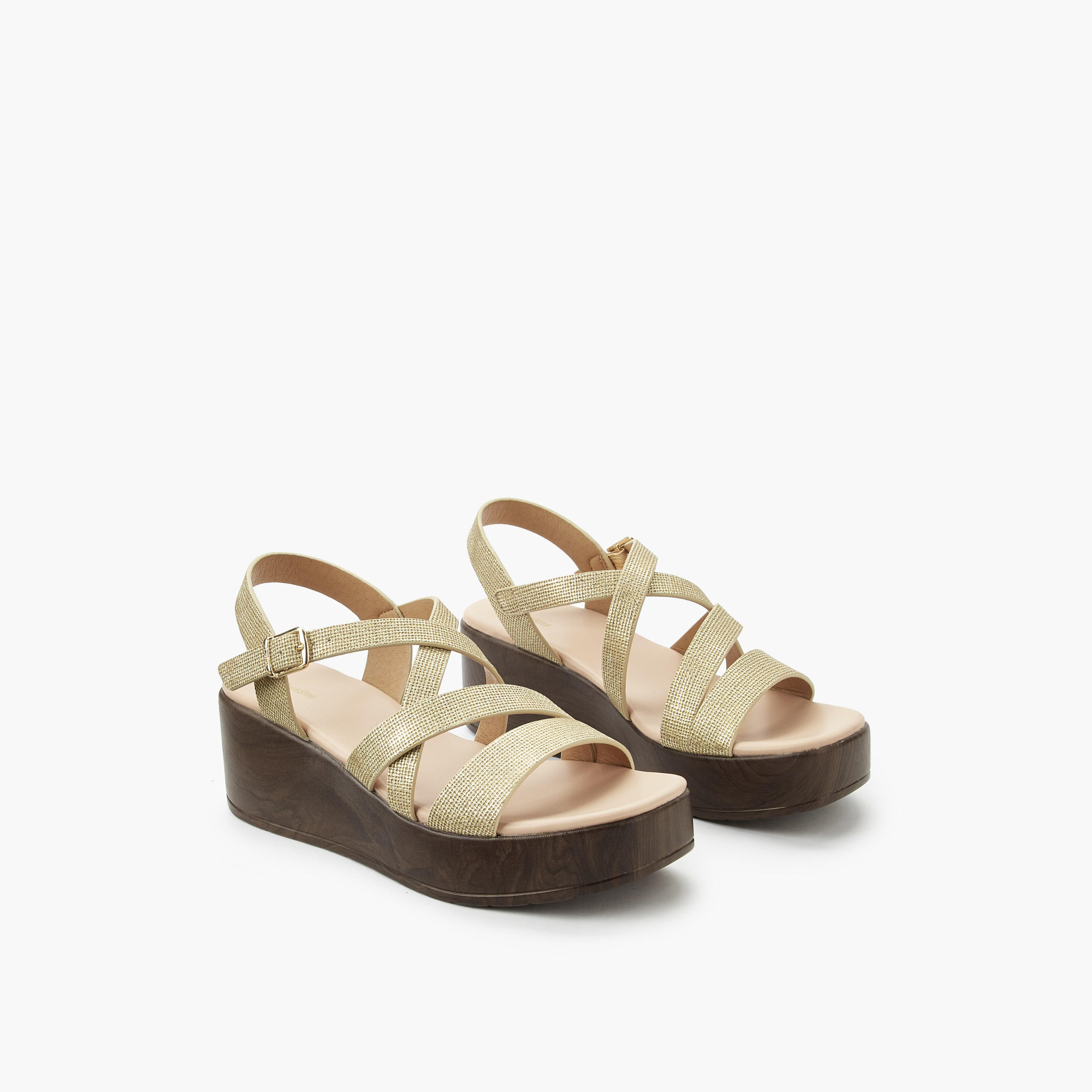 Surestep Women Lightweight Metallic Textured Cross Strap Flatform Sandals-women-shoes-sandals-heeled-image-1