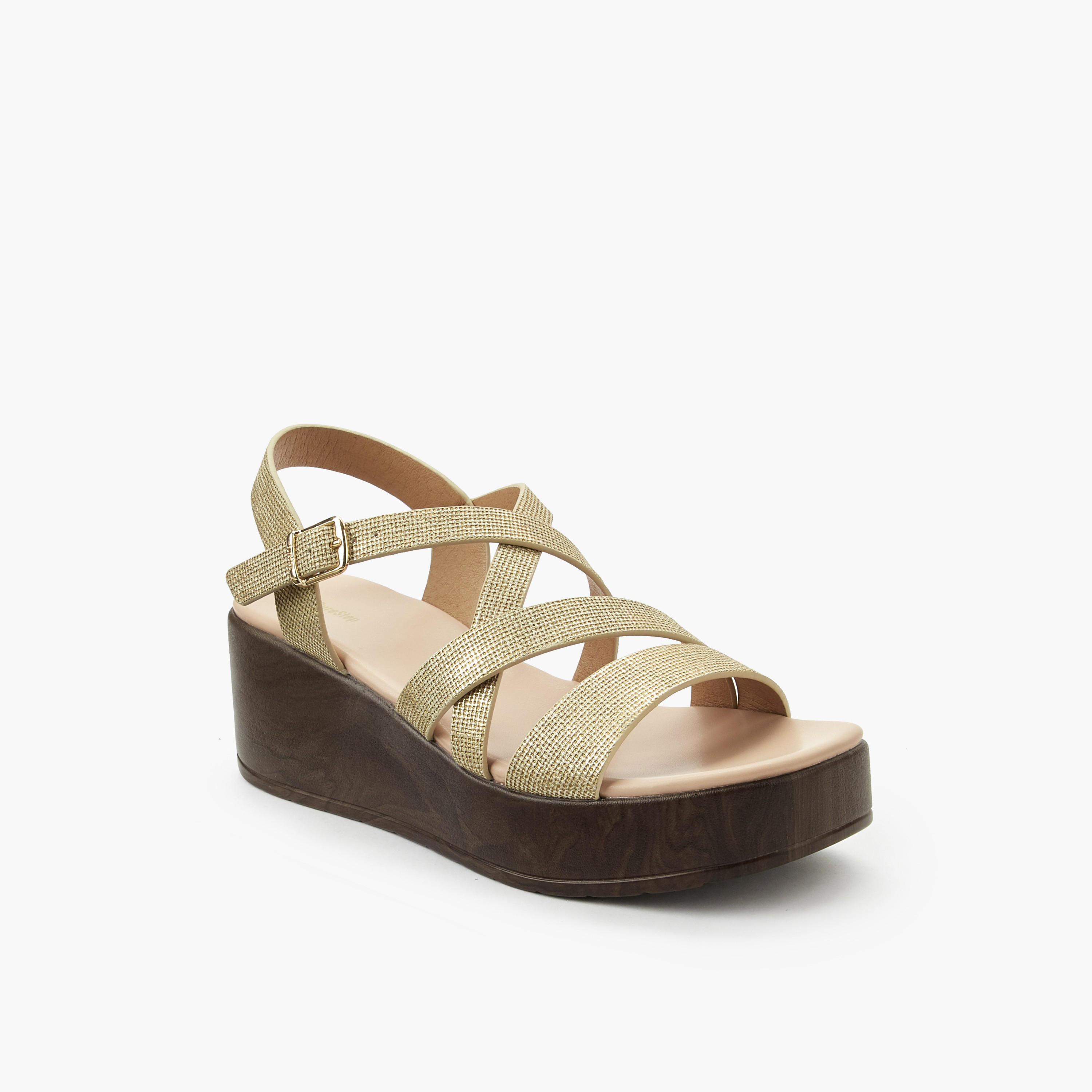 Surestep Women Lightweight Metallic Textured Cross Strap Flatform Sandals-women-shoes-sandals-heeled-image-2